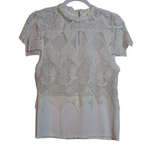 Love J Elegant White Crochet Lace Women's Short Sleeve Top Size L